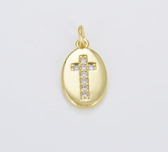 Dainty Cross Oval Charm, CZ Micro Pave Cross, Gold Filled Religious Catholic Christian Cross Medallion, Spiritual Charm, 17x10mm, CP1663