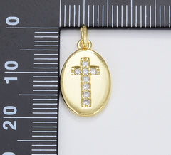 Dainty Cross Oval Charm, CZ Micro Pave Cross, Gold Filled Religious Catholic Christian Cross Medallion, Spiritual Charm, 17x10mm, CP1663