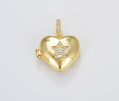 Dainty Puff Heart Locket Charm, Gold Filled Locket Heart with Star CZ Pendant, Love Inspired Gold Heart, Couples Photo Locket, CP1666