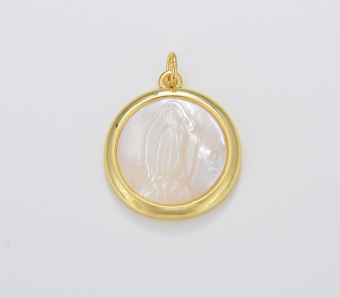 Gold Filled Mother of Pearl Virgin Mary, Gold Lady of Guadalupe Medallion Charm Pendant, Shell Virgin Mary, 22x18mm, CP1667