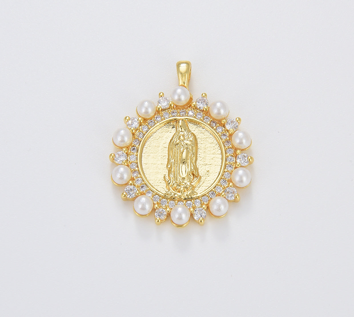 Dainty Pearl Virgin Mary Charm, Gold Filled Lady of Guadalupe Medallion Charm Pendant, CZ Micro Pave Virgin Mary, 27x22mm, CP1676