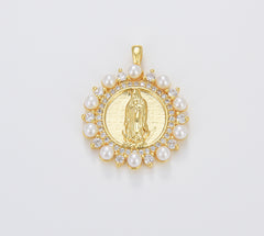 Dainty Pearl Virgin Mary Charm, Gold Filled Lady of Guadalupe Medallion Charm Pendant, CZ Micro Pave Virgin Mary, 27x22mm, CP1676