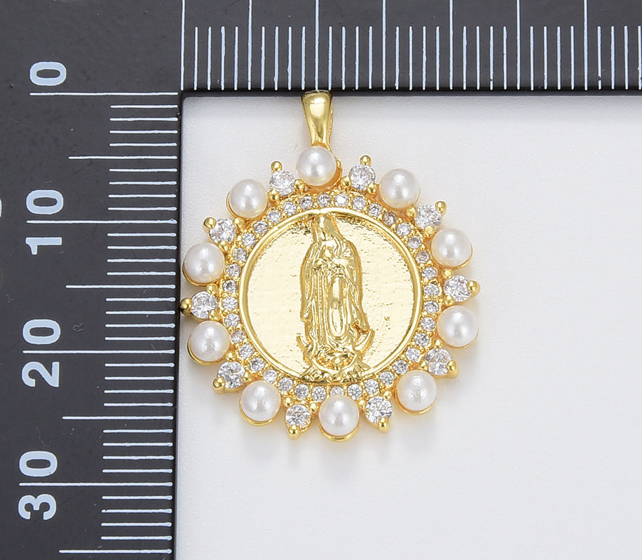 Dainty Pearl Virgin Mary Charm, Gold Filled Lady of Guadalupe Medallion Charm Pendant, CZ Micro Pave Virgin Mary, 27x22mm, CP1676