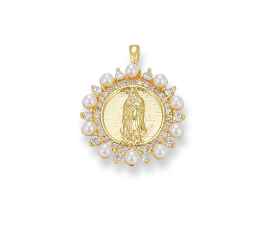 Dainty Pearl Virgin Mary Charm, Gold Filled Lady of Guadalupe Medallion Charm Pendant, CZ Micro Pave Virgin Mary, 27x22mm, CP1676