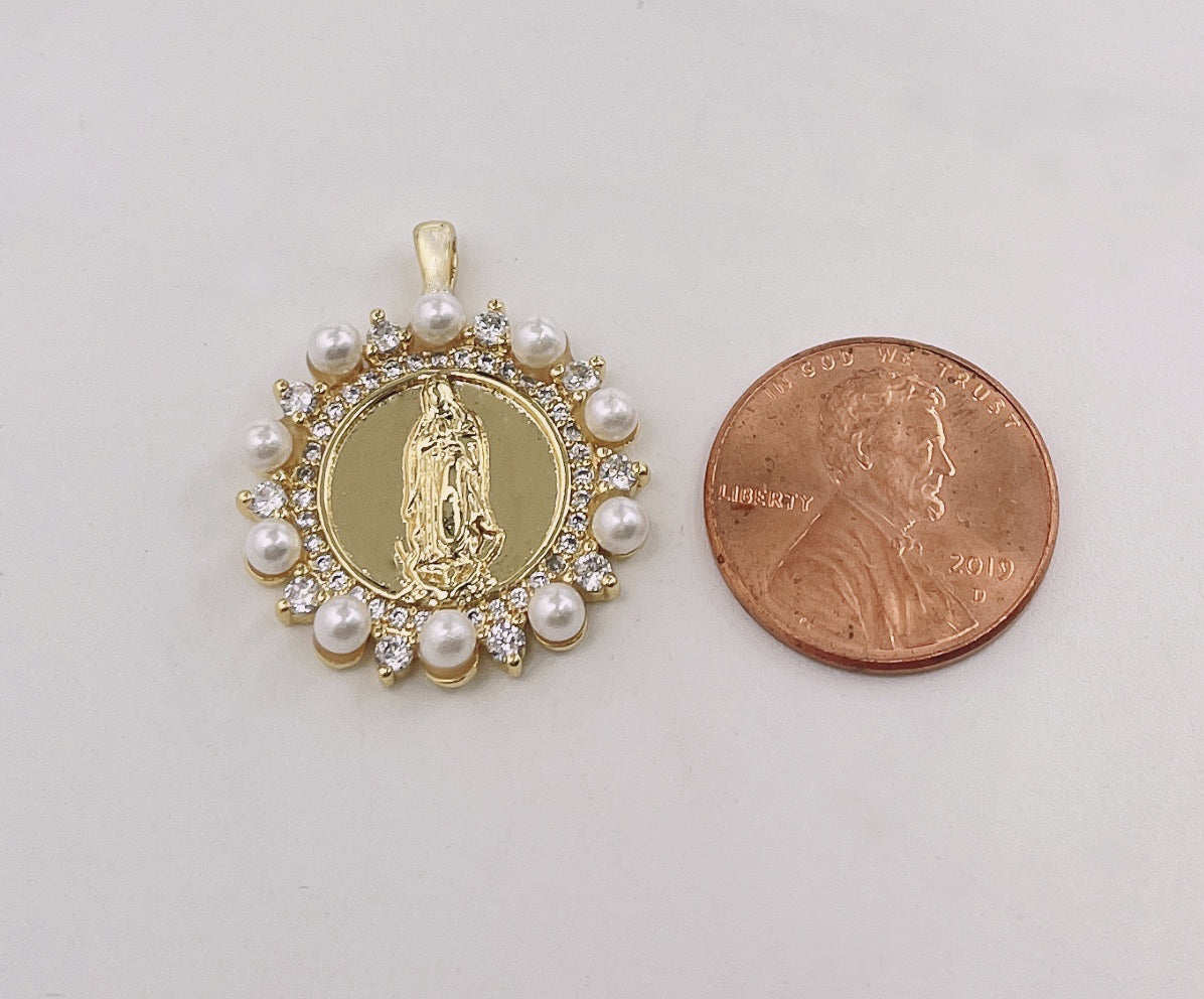 Dainty Pearl Virgin Mary Charm, Gold Filled Lady of Guadalupe Medallion Charm Pendant, CZ Micro Pave Virgin Mary, 27x22mm, CP1676