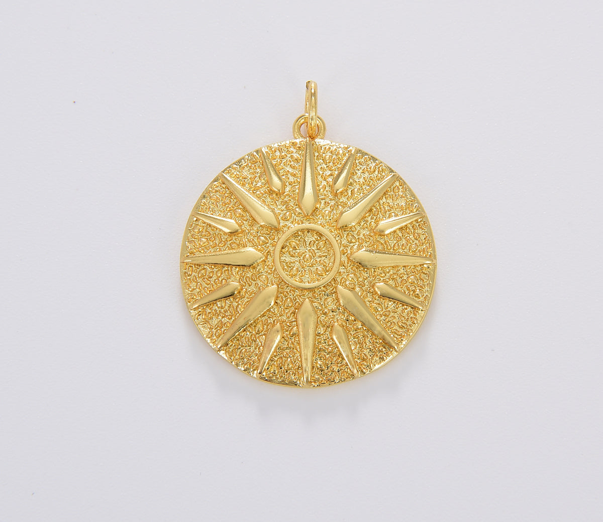 Sun Ray Medallion Charm, Gold Filled Sun Pendant, Dainty Sunburst Medallion Necklace Supply, 27x23mm, CP1685