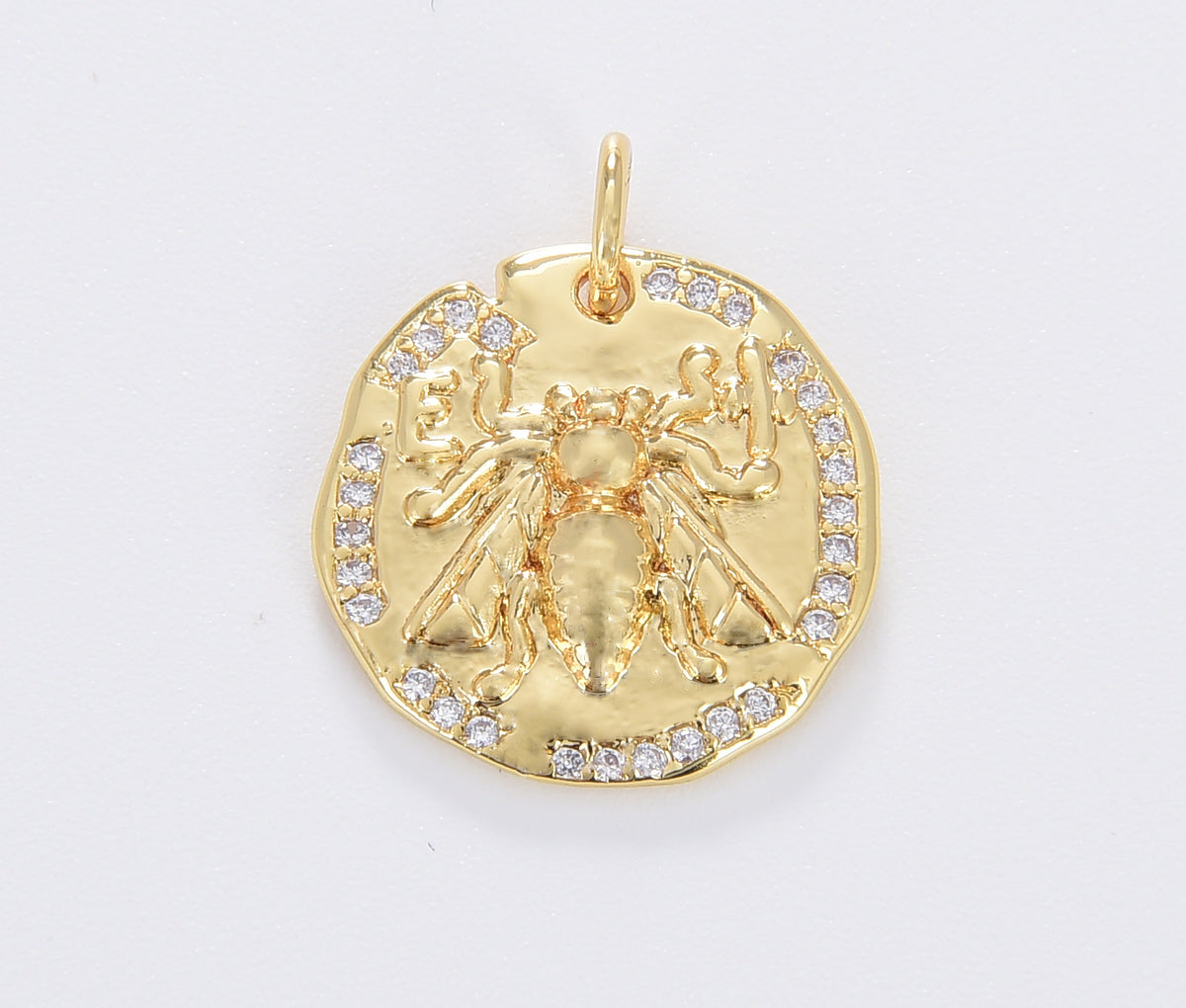 Bee Coin CZ Pave Gold Filled Charm, Insect Charm Pendant Round Golden Charm, Gold Disc, Queen Bee Charm for Necklace Bracelet, CP1686