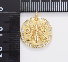 Bee Coin CZ Pave Gold Filled Charm, Insect Charm Pendant Round Golden Charm, Gold Disc, Queen Bee Charm for Necklace Bracelet, CP1686