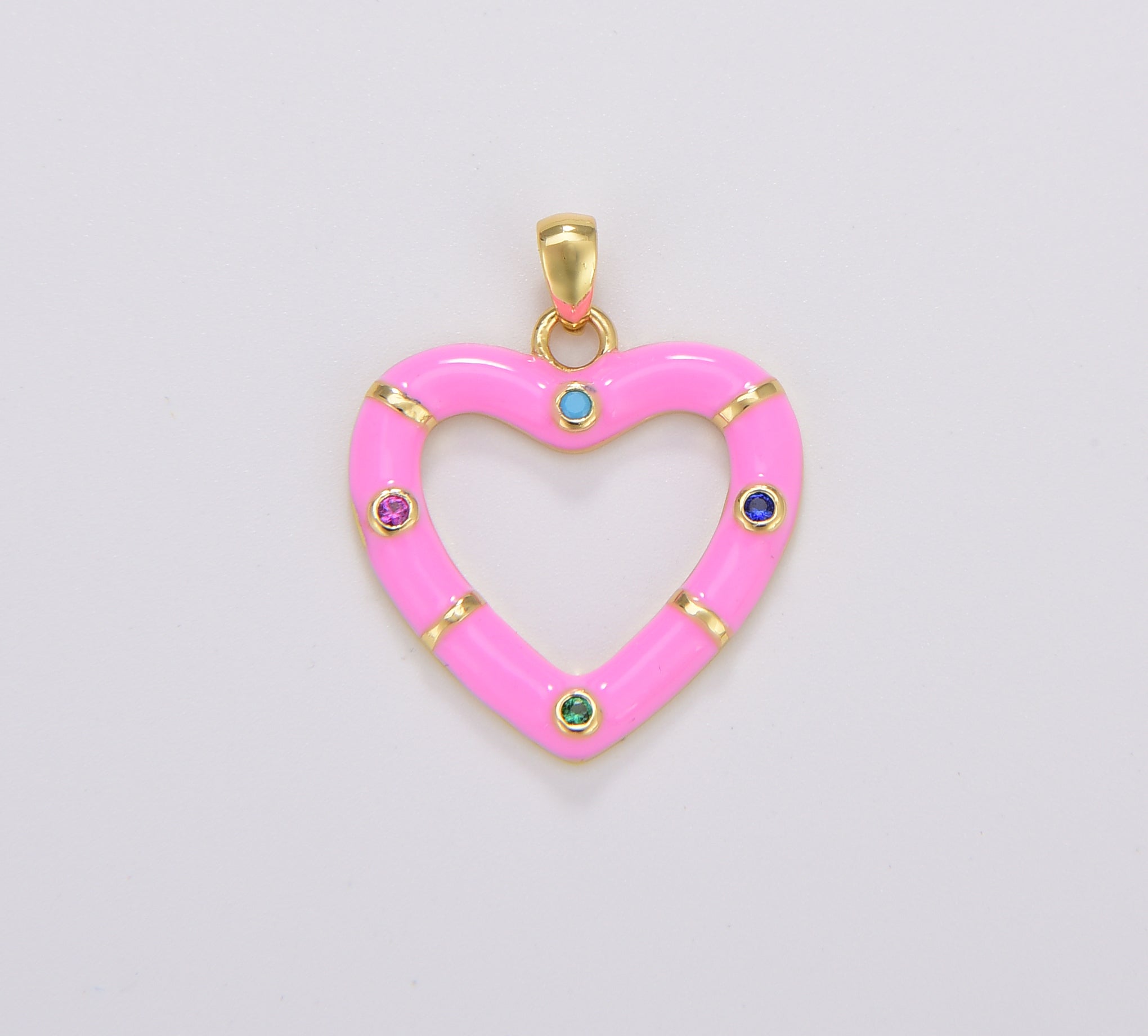 Enamel Hollow Heart Charm, Enamel Heart Pendant in White Pink Blue, Enamel Charms, Gold Filled Over Brass Heart, 25x21mm, CP1697