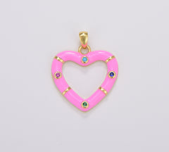 Enamel Hollow Heart Charm, Enamel Heart Pendant in White Pink Blue, Enamel Charms, Gold Filled Over Brass Heart, 25x21mm, CP1697