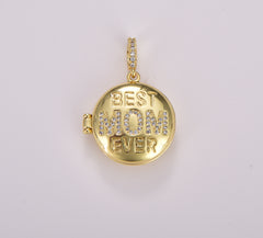 Gold Best Mom Ever Micro Pave Locket Pendant, Gold Filled Open Locket Cubic Zirconia Pave Mom Charm Necklace, 31x22mm, CP1717