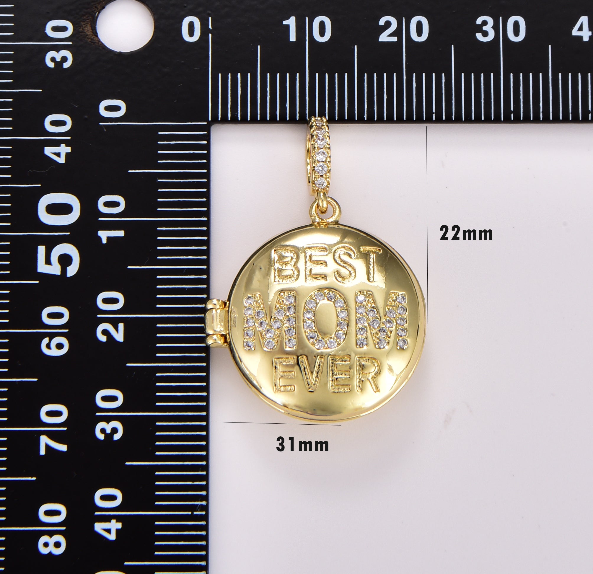 Gold Best Mom Ever Micro Pave Locket Pendant, Gold Filled Open Locket Cubic Zirconia Pave Mom Charm Necklace, 31x22mm, CP1717