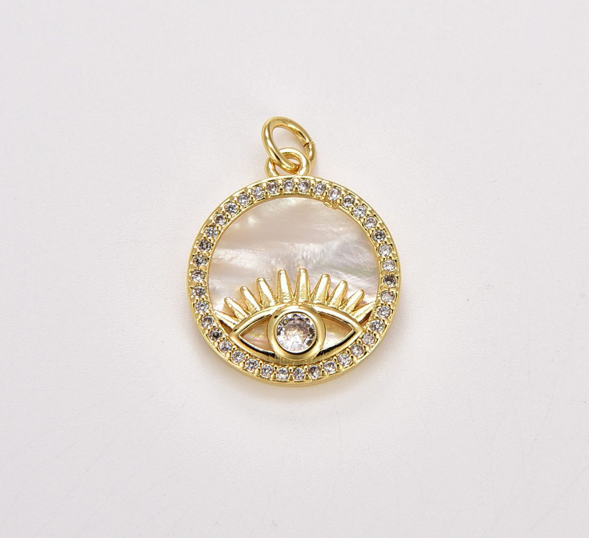 18K Gold Filled Evil Eye Shell Pearl Charm, Evil Eye Medallion Pendant, Amulet Charm, CZ Micro Pave Charm, Mother of Pearl, Eye of Ra, CP1735