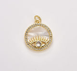 18K Gold Filled Evil Eye Shell Pearl Charm, Evil Eye Medallion Pendant, Amulet Charm, CZ Micro Pave Charm, Mother of Pearl, Eye of Ra, CP1735