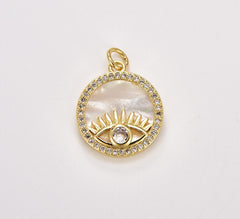 18K Gold Filled Evil Eye Shell Pearl Charm, Evil Eye Medallion Pendant, Amulet Charm, CZ Micro Pave Charm, Mother of Pearl, Eye of Ra, CP1735