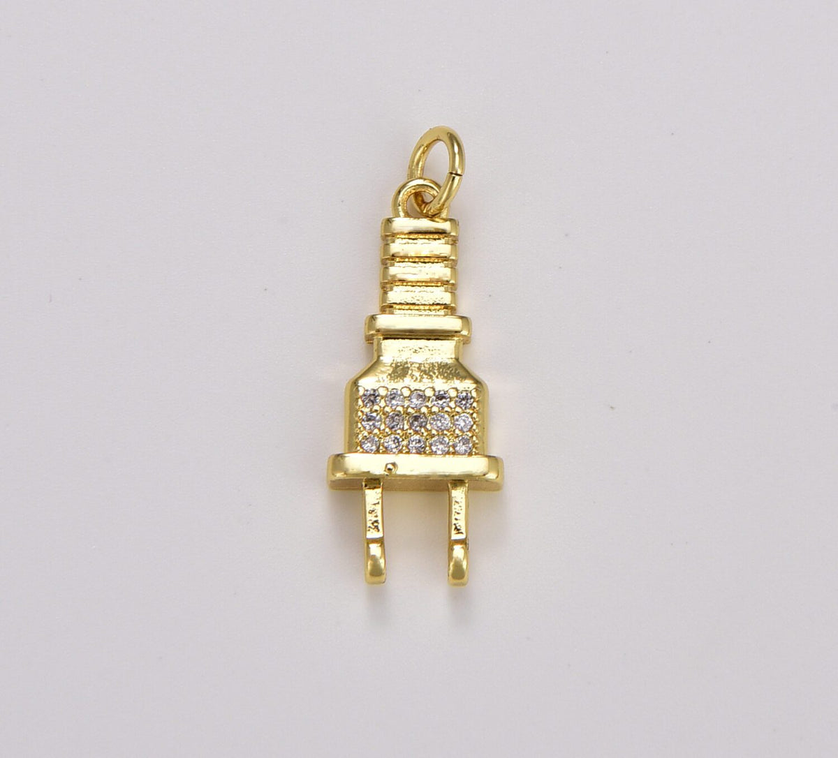 18K Gold Filled Micro Cubic Zirconia Paved Power Cord Plug Pendant, Micro Pave Cubic Zirconia CZ Stone Electricity Plug Charm, 25x10mm, CP1747