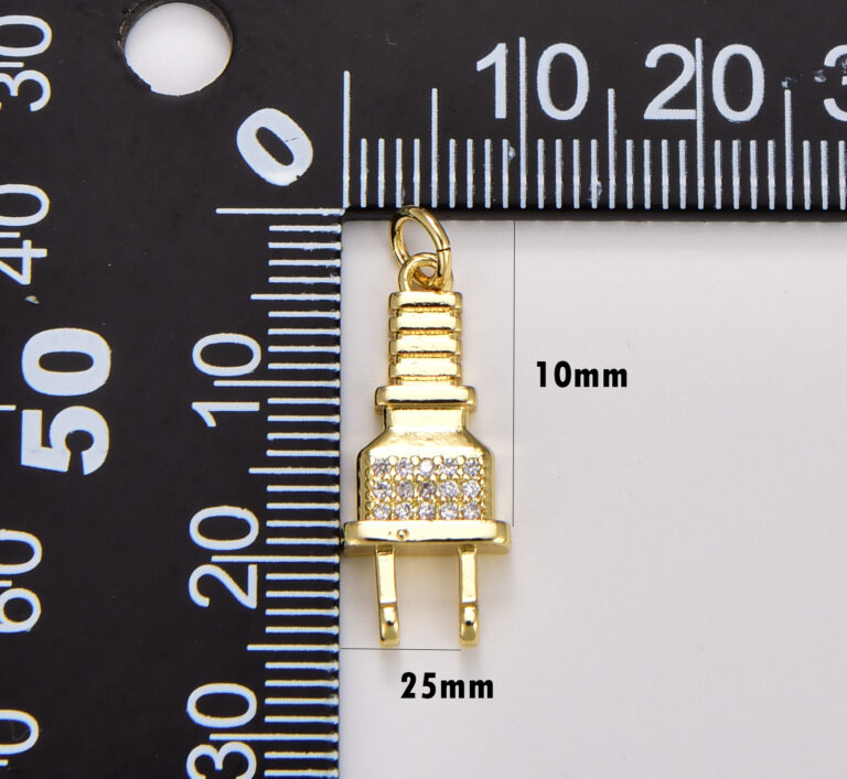 18K Gold Filled Micro Cubic Zirconia Paved Power Cord Plug Pendant, Micro Pave Cubic Zirconia CZ Stone Electricity Plug Charm, 25x10mm, CP1747