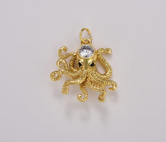 18K Gold Filled Octopus Charm, Dainty Monster Of The Deep Pendant, CZ Gold Charm Animal Charm Cubic Blue Under The Sea Inspired, 24x20mm, CP1748