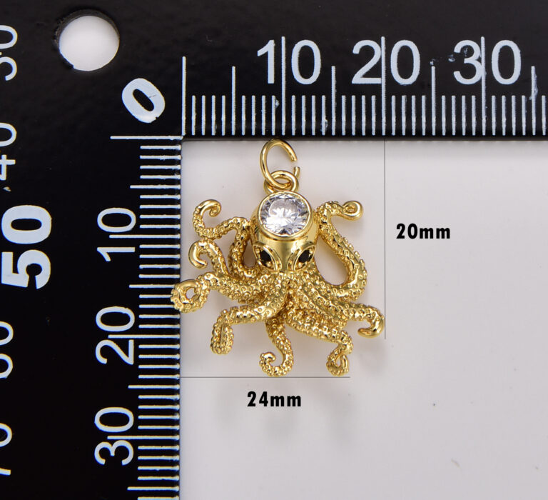 18K Gold Filled Octopus Charm, Dainty Monster Of The Deep Pendant, CZ Gold Charm Animal Charm Cubic Blue Under The Sea Inspired, 24x20mm, CP1748