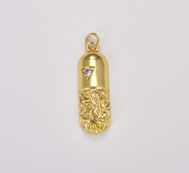 18K Gold Filled Capsule Pendant, Pill Capsule Charm, Cubic Zirconia Micro Pave Capsule Charm Necklace for DIY Jewelry Making Supply, 30x9mm, CP1749