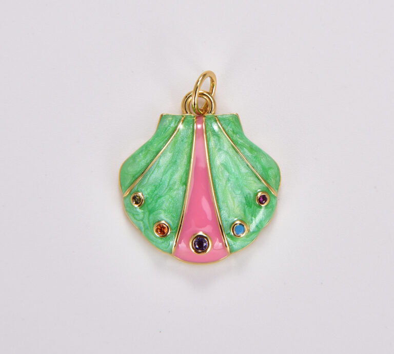 18K Gold Filled Dainty Mermaid Green Pink CZ Sea Shell Pendant, Gold Filled Micro Pave Colored CZ Stones Seashell Charm, 22x18mm, CP1763