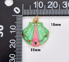 18K Gold Filled Dainty Mermaid Green Pink CZ Sea Shell Pendant, Gold Filled Micro Pave Colored CZ Stones Seashell Charm, 22x18mm, CP1763