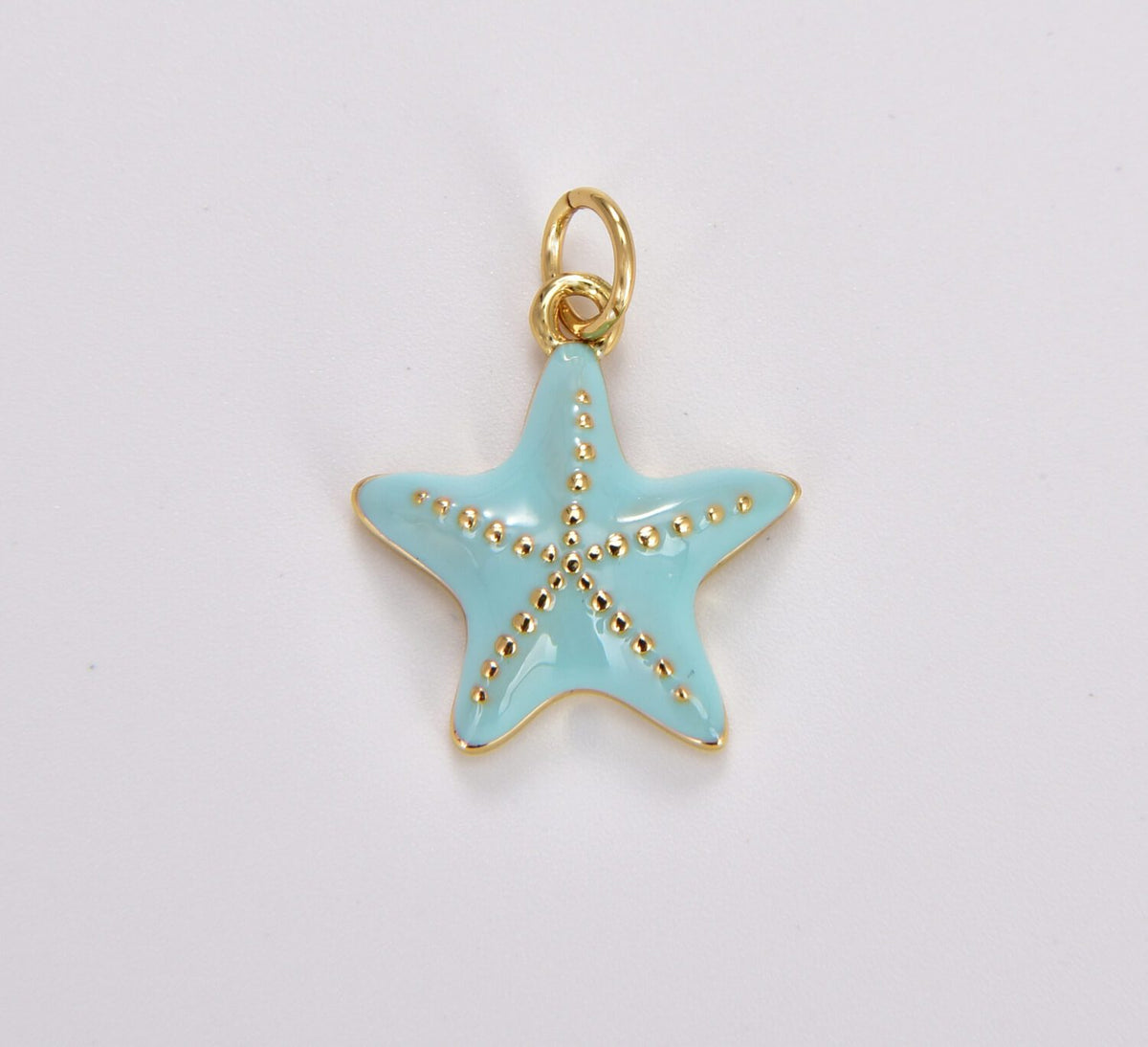 18K Gold Filled Dainty Seafoam Blue Starfish Pendant, Beaded Texture Seafoam Blue Enamel Starfish Charm, 19x15mm, CP1764