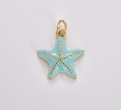 18K Gold Filled Dainty Seafoam Blue Starfish Pendant, Beaded Texture Seafoam Blue Enamel Starfish Charm, 19x15mm, CP1764