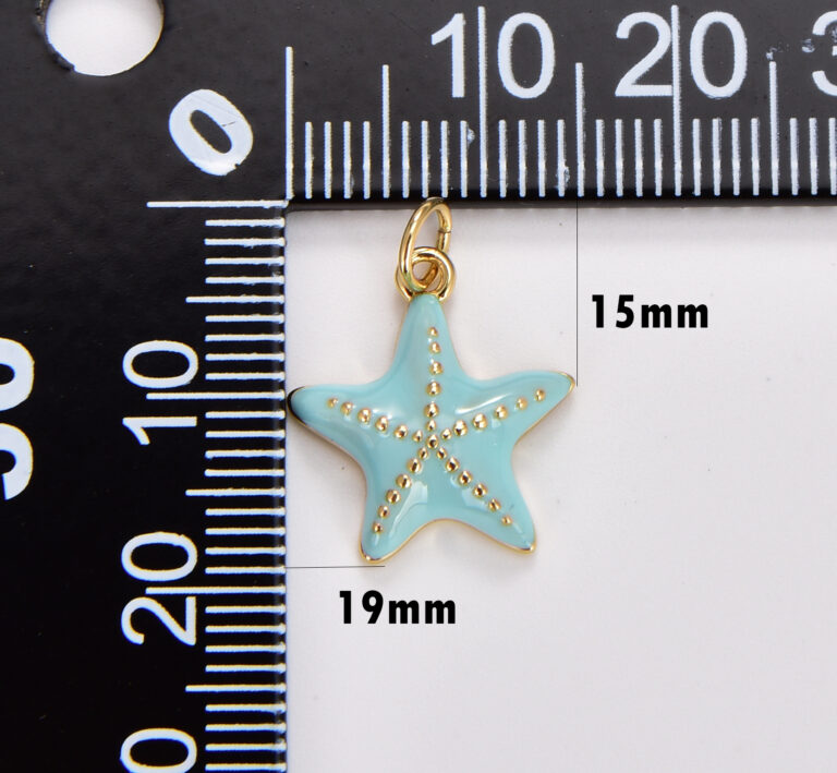 18K Gold Filled Dainty Seafoam Blue Starfish Pendant, Beaded Texture Seafoam Blue Enamel Starfish Charm, 19x15mm, CP1764