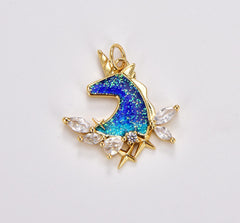 18K Gold Filled Blue Enamel Pony Charm, Enamel Horse Pendant, Unicorn Head Charm for Necklace Bracelet Earrings Component Supply, CP1765