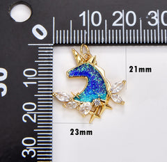 18K Gold Filled Blue Enamel Pony Charm, Enamel Horse Pendant, Unicorn Head Charm for Necklace Bracelet Earrings Component Supply, CP1765