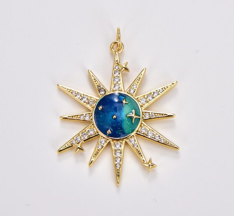 18K Gold Filled Galaxies Celestial Pendant, Galaxies Enamel Center Clear Micro Paved CZ Sun Burst Charm, 36x27mm, CP1770