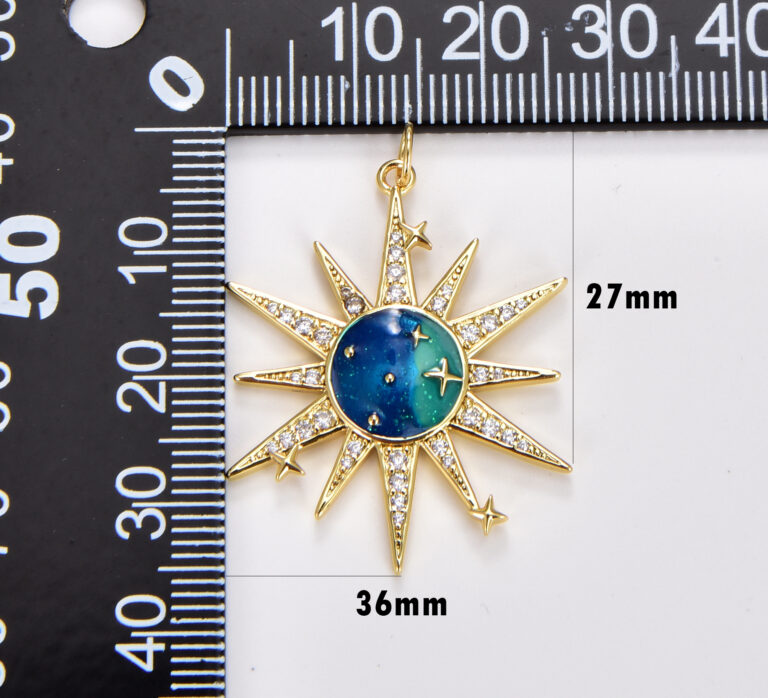 18K Gold Filled Galaxies Celestial Pendant, Galaxies Enamel Center Clear Micro Paved CZ Sun Burst Charm, 36x27mm, CP1770