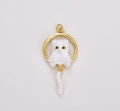 18K Gold Filled White Enamel Cat Charm, Kitten Pendant, Cat Lover Gift, Cat Pendant for Necklace Earring Bracelet Phone Charm, 33x15mm, CP1778