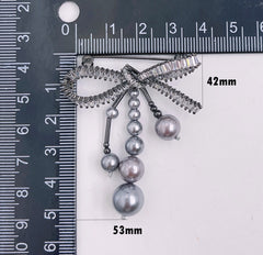 Elegant Pearl Ribbon Brooch Pin, Baguette CZ Ribbon Brooch Pin, Women Accessories for Dress Shirt, 53x42mm, CP1780