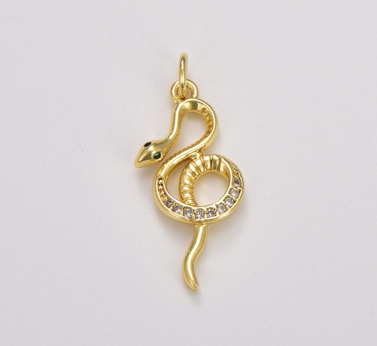 18K Gold Filled Elegant Gold CZ Emerald Green-Eyed Snake Charm, Snake Pendant, Serpent Charm Pendant Finding for Jewelry Making Supply, CP1784