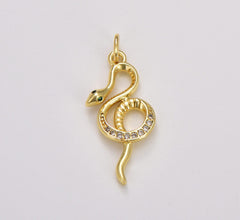 18K Gold Filled Elegant Gold CZ Emerald Green-Eyed Snake Charm, Snake Pendant, Serpent Charm Pendant Finding for Jewelry Making Supply, CP1784