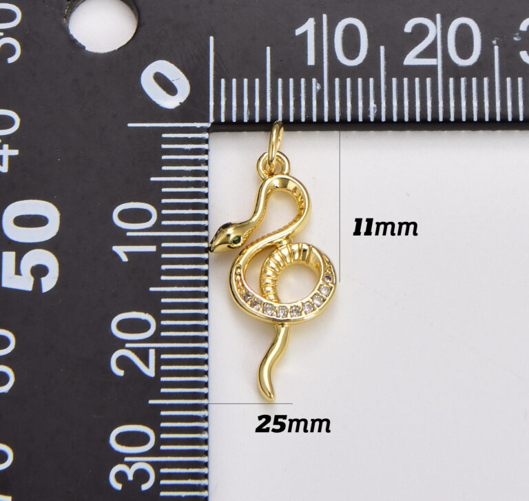 18K Gold Filled Elegant Gold CZ Emerald Green-Eyed Snake Charm, Snake Pendant, Serpent Charm Pendant Finding for Jewelry Making Supply, CP1784