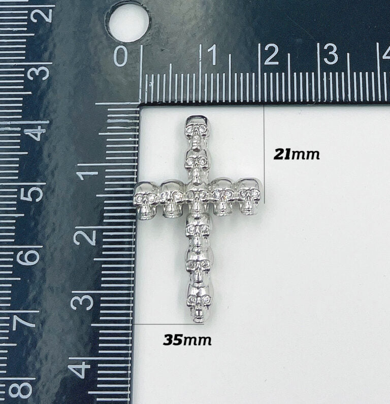 Silver Skull Head Cross Charm, Skeleton Skull Head Cross Pendant, Cross Necklace Charms, Jewelry Making Supplies, 35x21mm, CP1797