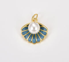 Seashell with Pearl Charm, Gold Filled Vintage Shell Pearl Pendant, Enamel Shell Charm, Pearl Necklace, DIY Jewelry Supplies, CP1804