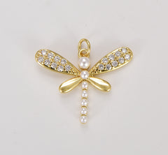 Gold Filled Dragonfly Pearl Charm, Dragon Fly Pendant, Insect Charm for Jewelry Making Supply, CP1806