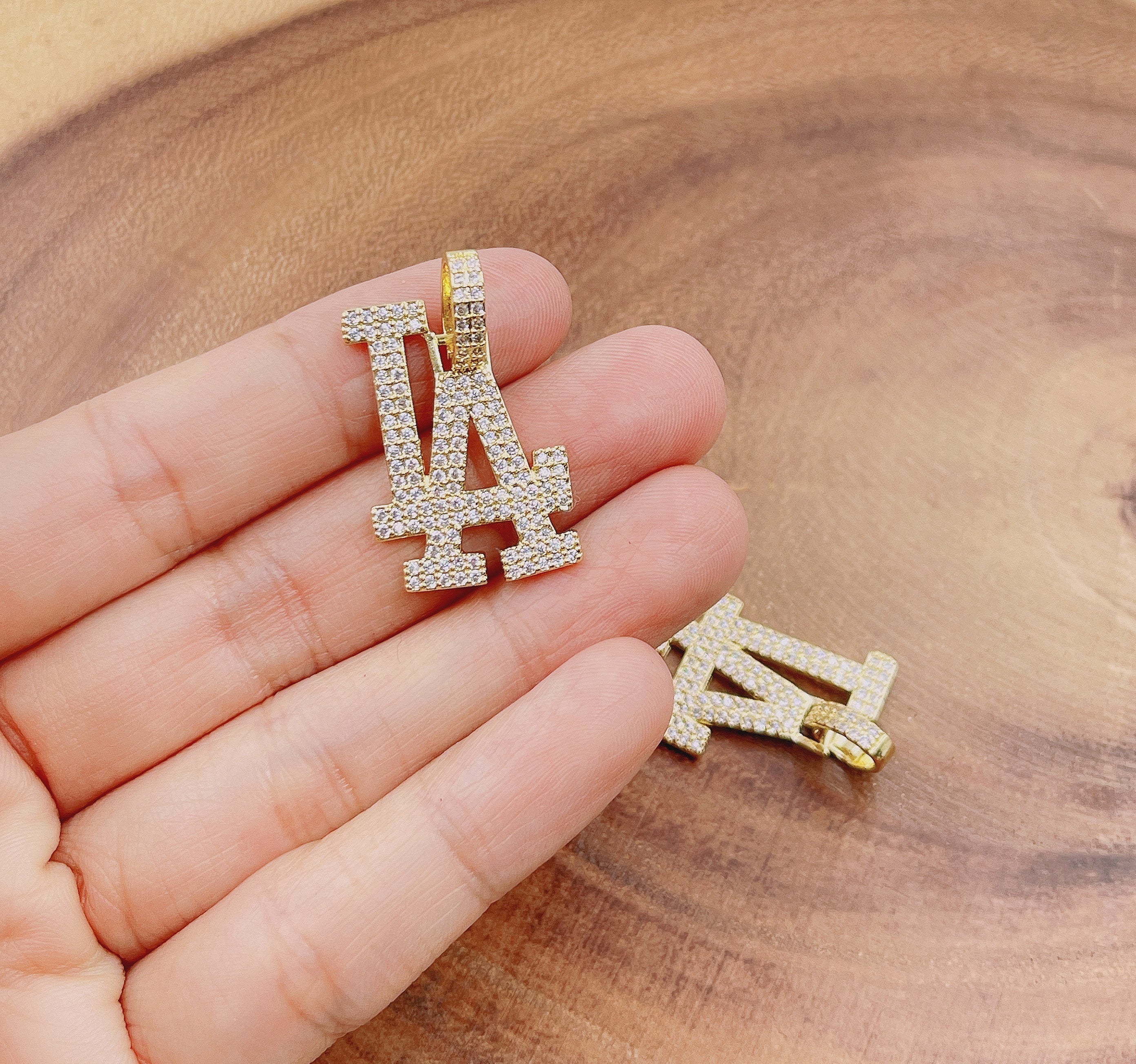 Gold Filled Los Angeles Charm, LA Initial Charm, LA Baseball Sports Charm Jewelry Micro CZ Pave LA Baseball Fans Sign Sports Charm Pendants Necklace, CP1807