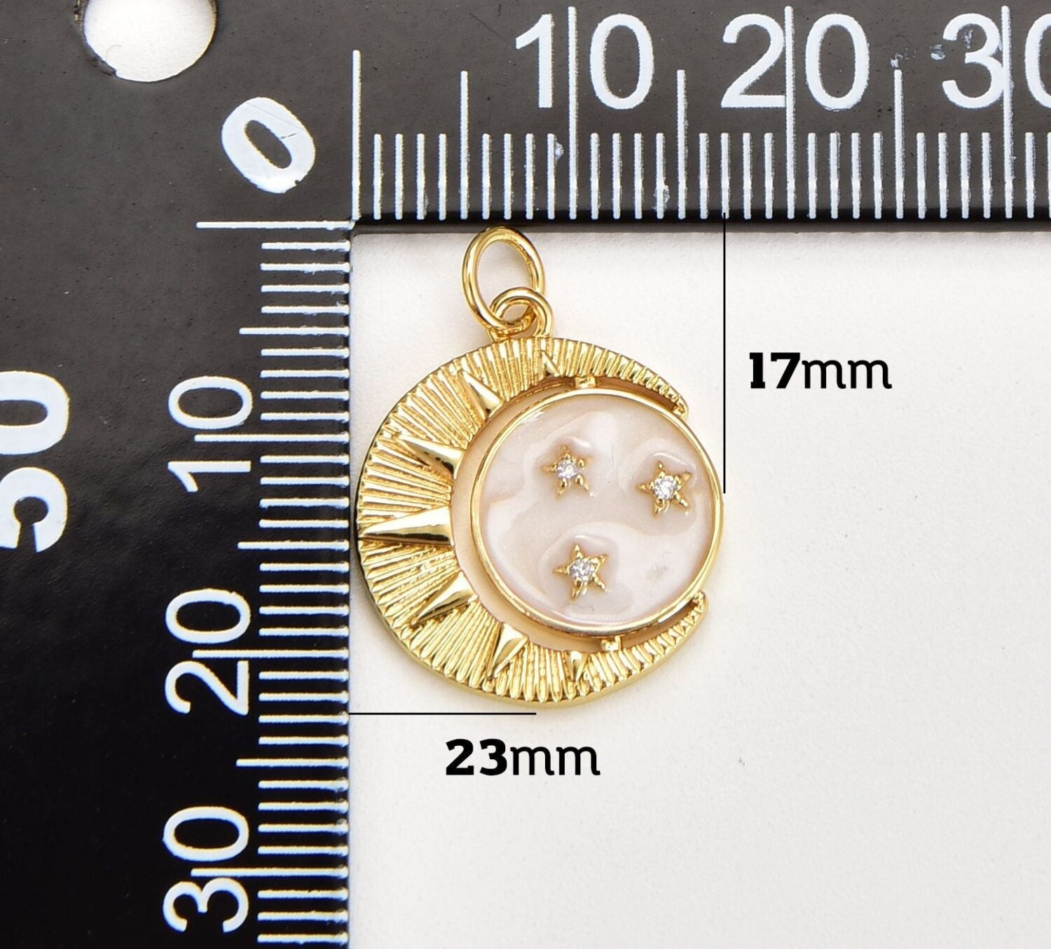 18K Gold Filled Dainty Celestial Charm Round Disc Coin Charm, Gold Filled White Enamel Celestial Sun Crescent Moon Star Pendant for Jewelry Making, CP1819