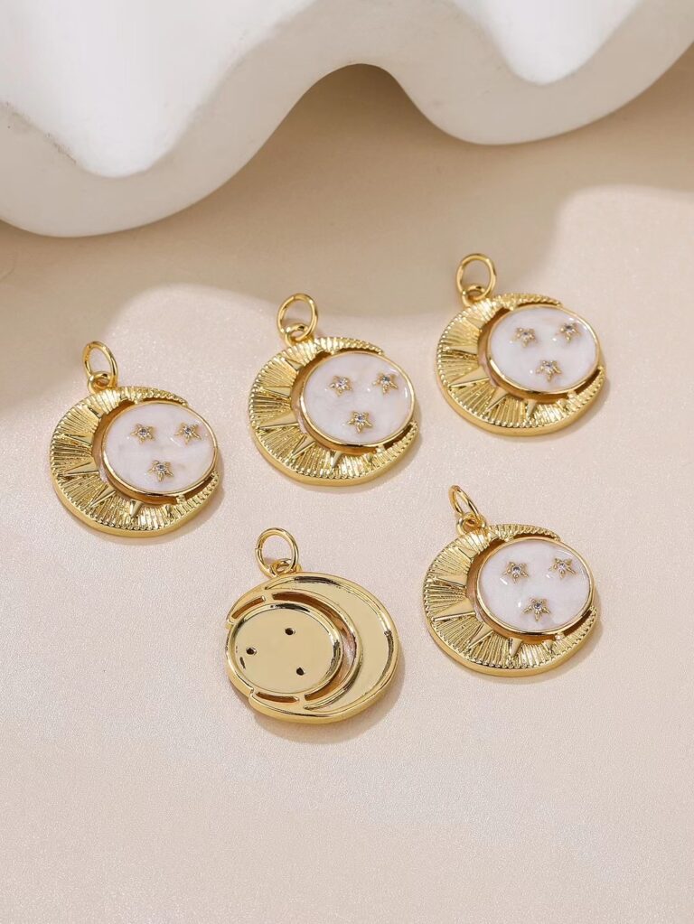 18K Gold Filled Dainty Celestial Charm Round Disc Coin Charm, Gold Filled White Enamel Celestial Sun Crescent Moon Star Pendant for Jewelry Making, CP1819