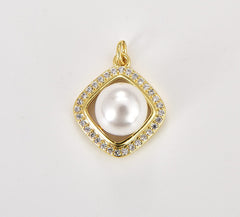 18K Gold Filled Classic Gold Vintage Style Pearl Charm, Diamond Shaped Pendant with Pearl, Minimalist Charm, Bridal Wedding Jewelry, CP1826