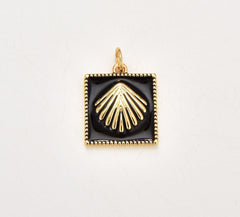 18K Gold Filled Black Enamel Clam Shell Tag Charm, Gold Filled Tag Pendant, Under the sea Jewelry Inspired, Gift for Her, 16x14mm, CP1830