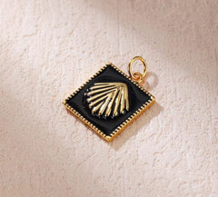 18K Gold Filled Black Enamel Clam Shell Tag Charm, Gold Filled Tag Pendant, Under the sea Jewelry Inspired, Gift for Her, 16x14mm, CP1830