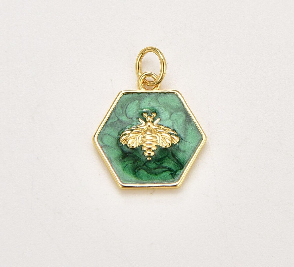 18K Gold Filled Green Enamel Bee Charm, Gold Filled Hexagon Queen Bee Pendant, Insect Charm for Necklace Bracelet Jewelry Making Component, 15x14mm, CP1831