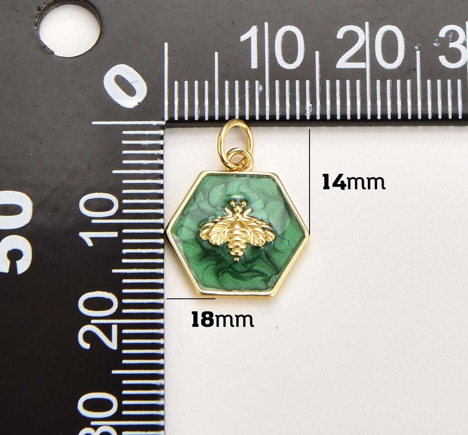 18K Gold Filled Green Enamel Bee Charm, Gold Filled Hexagon Queen Bee Pendant, Insect Charm for Necklace Bracelet Jewelry Making Component, 15x14mm, CP1831