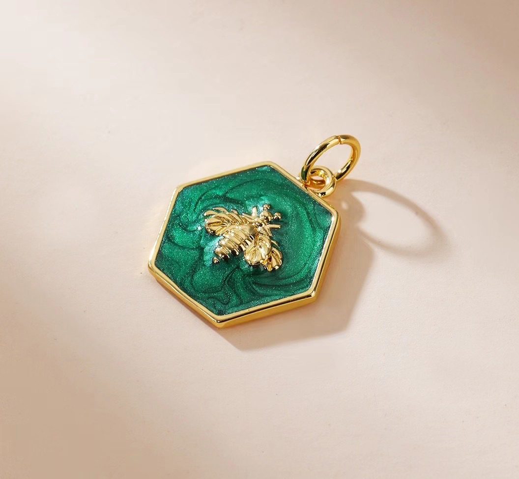 18K Gold Filled Green Enamel Bee Charm, Gold Filled Hexagon Queen Bee Pendant, Insect Charm for Necklace Bracelet Jewelry Making Component, 15x14mm, CP1831